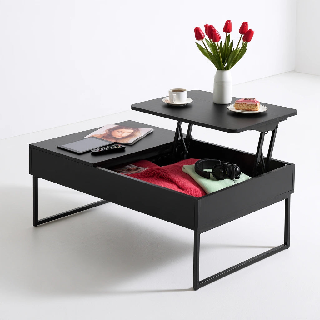 Moderner Couchtisch, aus Holz, mit anhebbarer Platte, Farbe: schwarz
